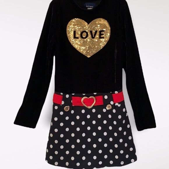 GIRLS Black Velour and Knit ‘Love’ Dress with Sequins and Belt - Size 10 - Picture 1 of 5